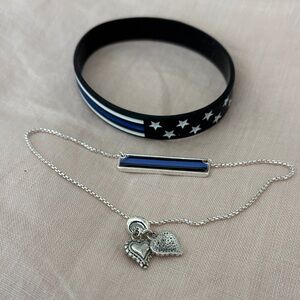 Thin Blue Line Black and Blue Bracelet Set with Heart Charms